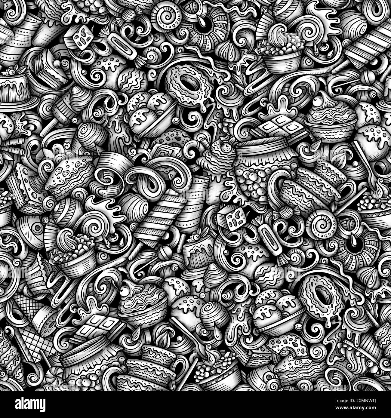 Grafik Doodle Desserts nahtloses Muster. Hintergrund mit Symbolen und Gegenständen für süße Speisen. Einfarbiger Hintergrund für den Druck auf Stoff, Textil und Handyhüllen Stockfoto