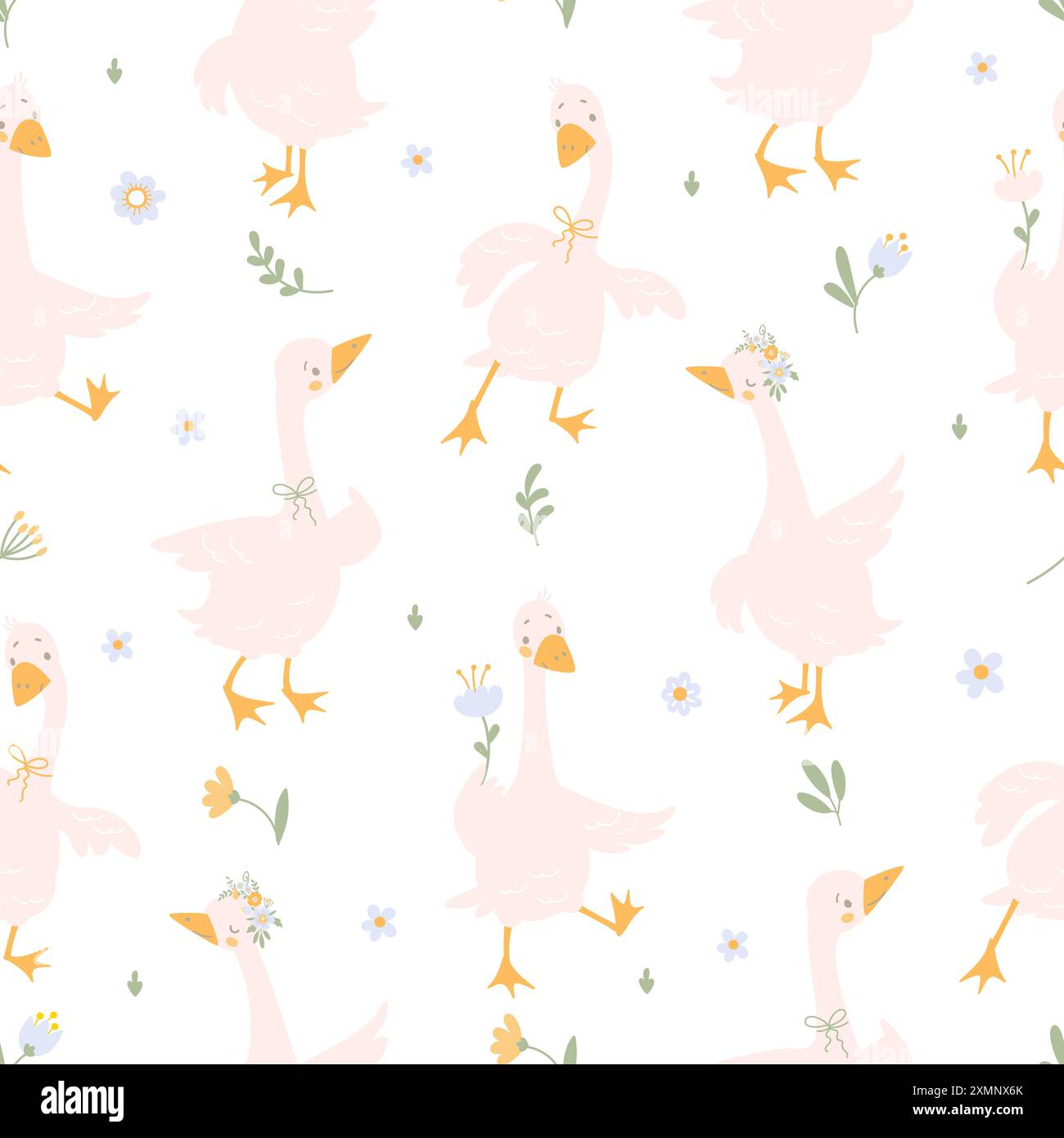 Nahtloses Muster der Gänse. Gänsefiguren in Zeichentrickfilmen für Stofftapeten. Baby-Textildesign mit niedlichen Vögeln, heute Vektor-Hintergrund Stock Vektor