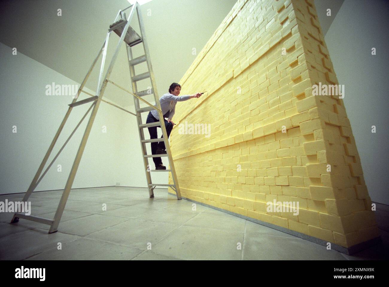 Butter Wall SculptureCrazy Lotterie finanziertes Kunstprojekt einer drei Viertel Tonnen schweren Mauer aus Butter die mazedonische Bildhauerin Elpida Hadzi Vasileva verleiht ihrem 3 720 Block drei Viertel Tonnen Butter Wall, die in der ArtSway Galerie in Sway im Neuen Wald gebaut wurde, den letzten Schliff es hat fünfeinhalb Tage gebraucht, um zu bauen, was Teil ihrer Einfrauenshow ist, wer bin ich? Elpida war im Sommer 1999 Artist-in-Residence im Rahmen des A4E-Programms „The World of Our Landscape“ von ArtSway, das von der National Lottery durch den Arts Council of England finanziert wurde. Bild von Roger Bamber 1999 Stockfoto