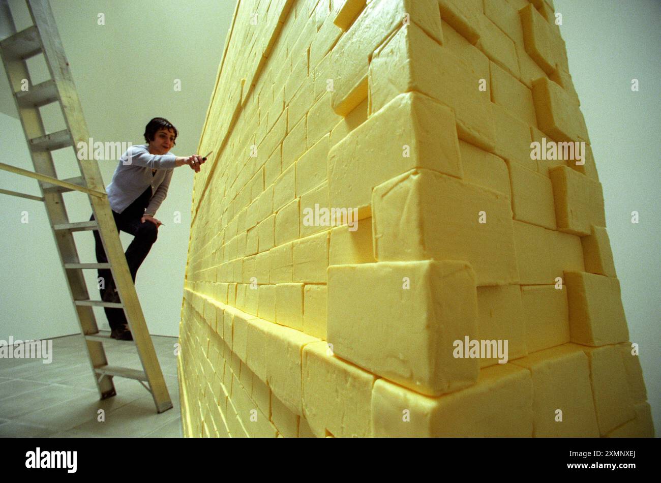 Butter Wall SculptureCrazy Lotterie finanziertes Kunstprojekt einer drei Viertel Tonnen schweren Mauer aus Butter die mazedonische Bildhauerin Elpida Hadzi Vasileva verleiht ihrem 3 720 Block drei Viertel Tonnen Butter Wall, die in der ArtSway Galerie in Sway im Neuen Wald gebaut wurde, den letzten Schliff es hat fünfeinhalb Tage gebraucht, um zu bauen, was Teil ihrer Einfrauenshow ist, wer bin ich? Elpida war im Sommer 1999 Artist-in-Residence im Rahmen des A4E-Programms „The World of Our Landscape“ von ArtSway, das von der National Lottery durch den Arts Council of England finanziert wurde. Bild von Roger Bamber 1999 Stockfoto