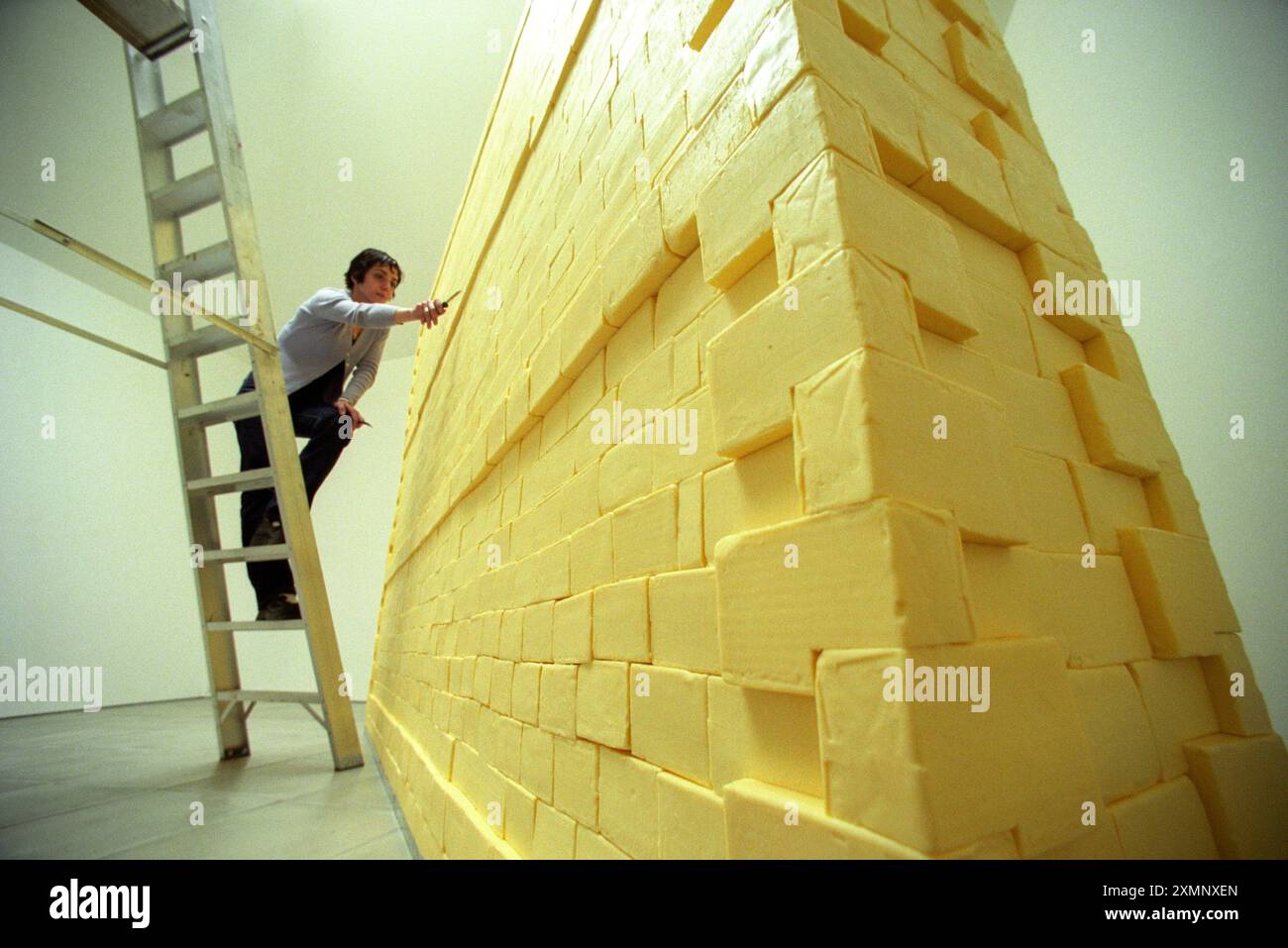 Butter Wall SculptureCrazy Lotterie finanziertes Kunstprojekt einer drei Viertel Tonnen schweren Mauer aus Butter die mazedonische Bildhauerin Elpida Hadzi Vasileva verleiht ihrem 3 720 Block drei Viertel Tonnen Butter Wall, die in der ArtSway Galerie in Sway im Neuen Wald gebaut wurde, den letzten Schliff es hat fünfeinhalb Tage gebraucht, um zu bauen, was Teil ihrer Einfrauenshow ist, wer bin ich? Elpida war im Sommer 1999 Artist-in-Residence im Rahmen des A4E-Programms „The World of Our Landscape“ von ArtSway, das von der National Lottery durch den Arts Council of England finanziert wurde. Bild von Roger Bamber 1999 Stockfoto
