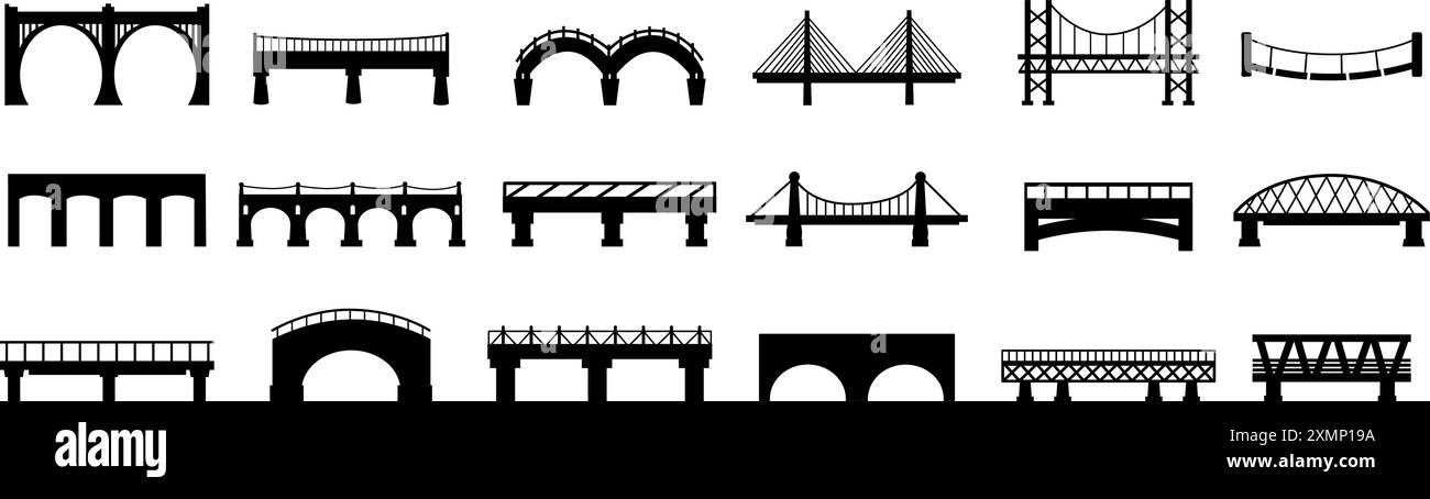 Schwarze Silhouetten überbrücken. Städtische Industriebauten, städtische Designelemente. Verschiedene Brücken für Stadt und Dorf, heute Vektor Stock Vektor