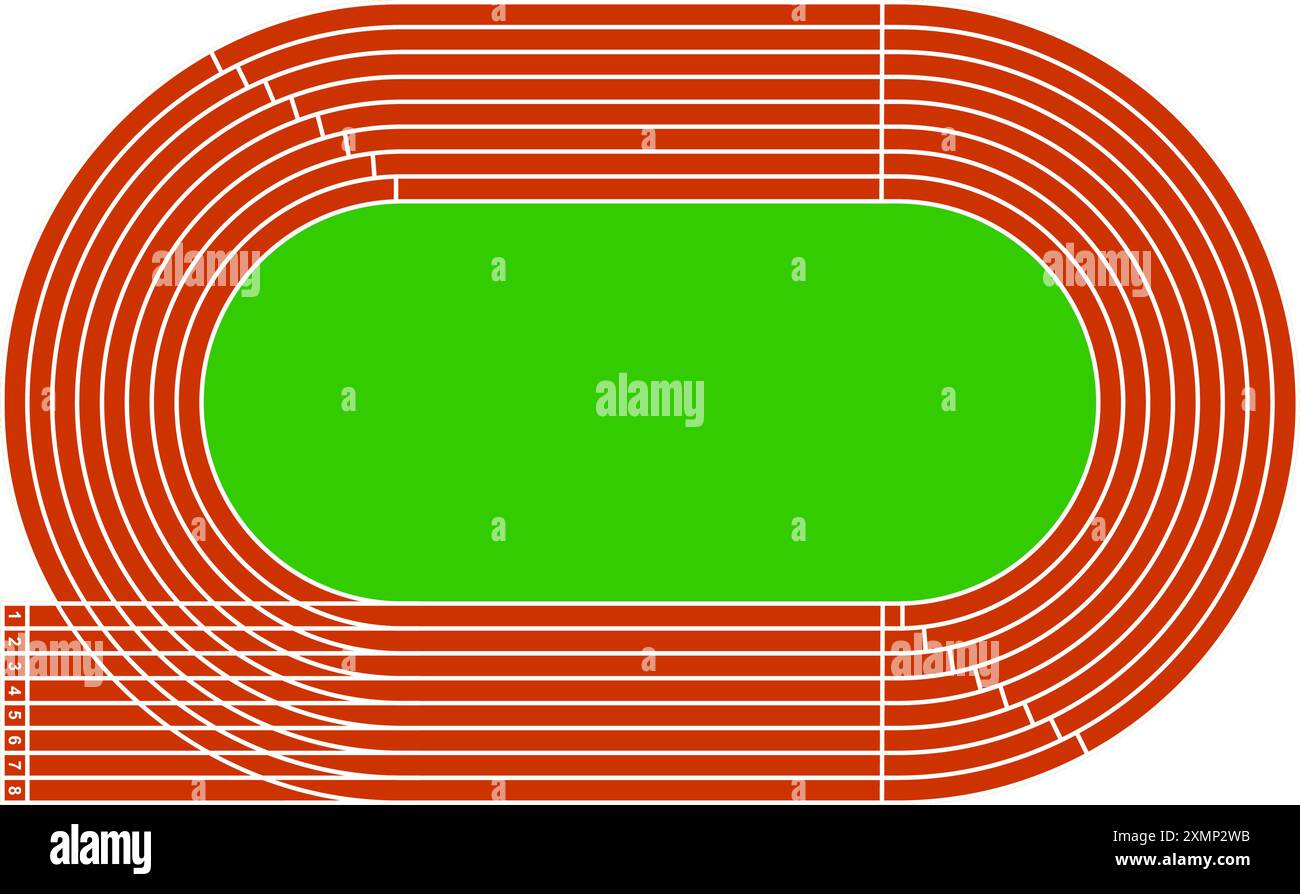 Rote Laufstrecke mit grünem Grasfeld. Stadion Draufsicht. Rennstrecke für Sprint, Marathon oder andere sportliche Wettkämpfe isoliert auf weißem Hintergrund. Illustration der Vektorabwicklung. Stock Vektor