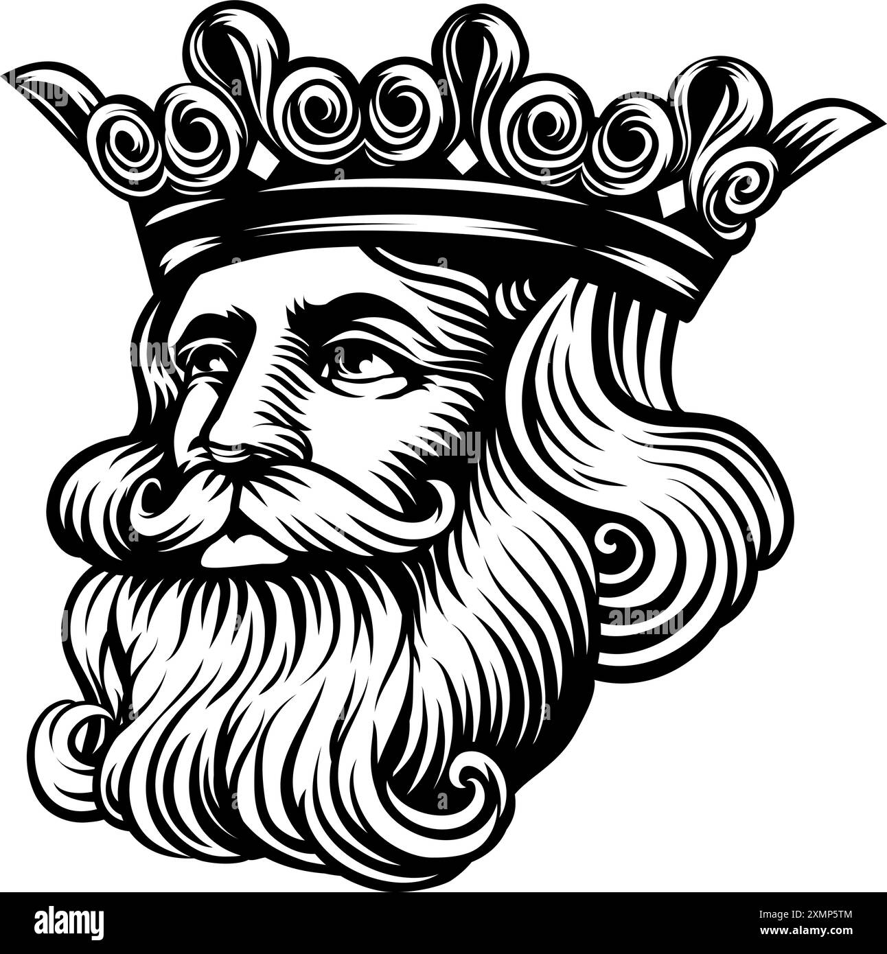 Mittelalterlicher King Crown Head Face Vintage Holzschnitt Stock Vektor