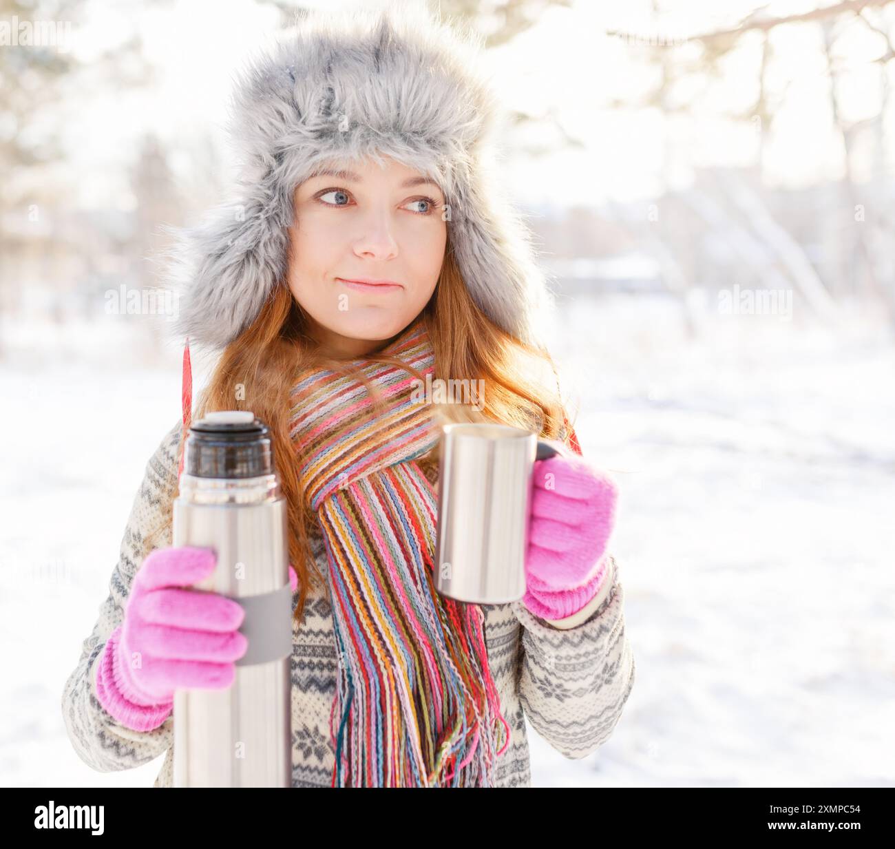 Winterporträt einer jungen Frau mit Pelzmütze Stockfoto