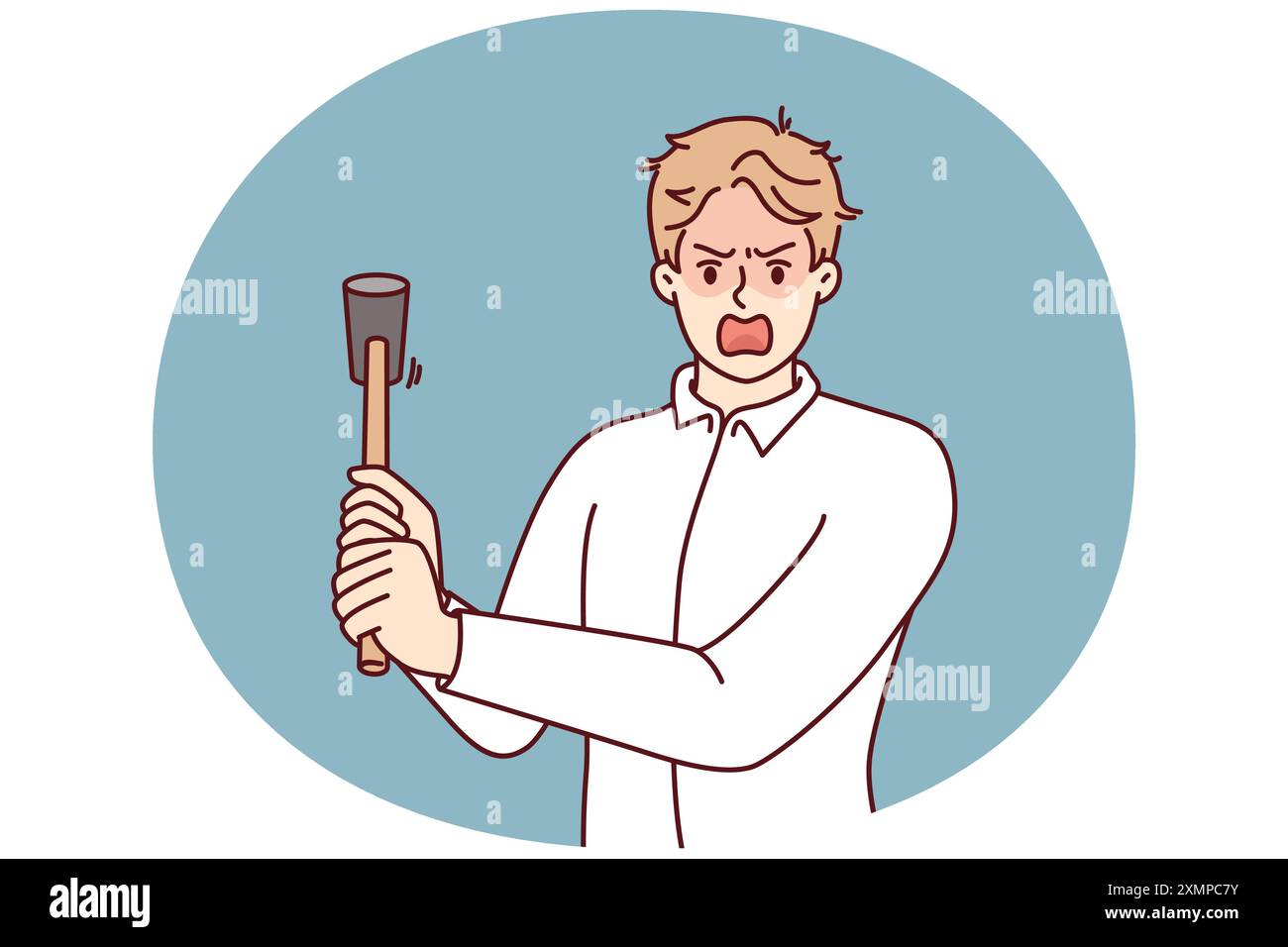 Der Verrückte droht mit dem Hammer zu schlagen und schreit unter psychischen Störungen, die Aggression und Nervosität verursachen. Führungskraft mit Hammer, die Strenge und Aggression gegenüber Mitarbeitern symbolisiert Stock Vektor