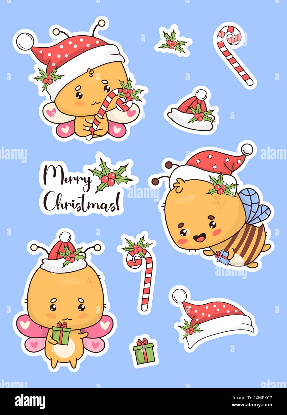 Weihnachtsaufkleber Kollektion. Festlicher süßer Schmetterling und Biene im Weihnachtsmann-Hut mit Geschenk und gestreiften Bonbons mit stechpalme. Isoliertes, lustiges Karikaturinsekt kawai Stock Vektor