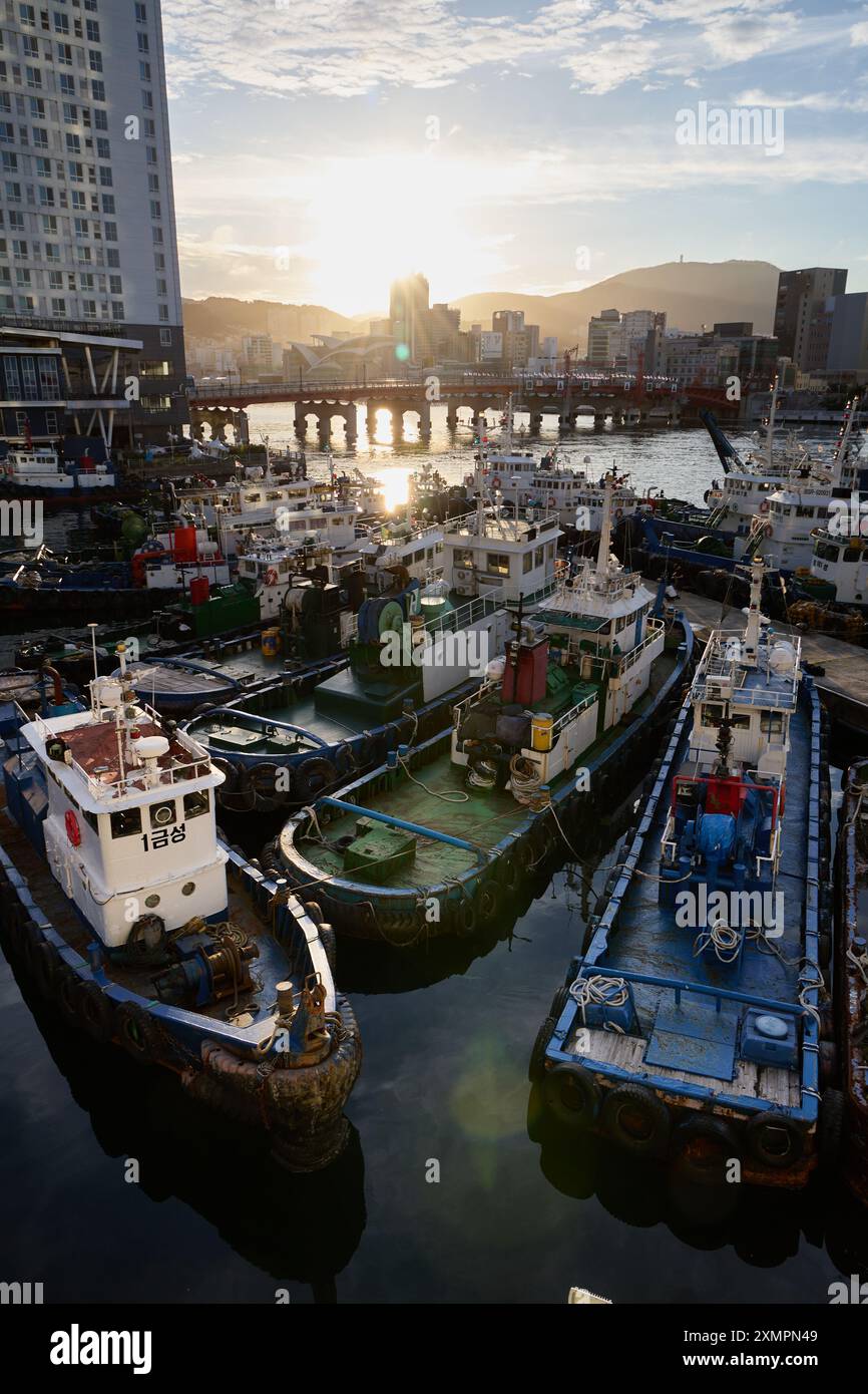 Dramatischer Sonnenuntergang über dem kleinen Fischerhafen in Busan, Südkorea Stockfoto