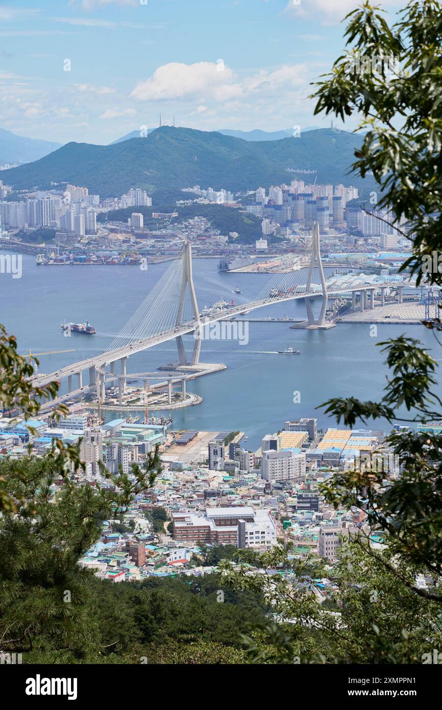 Wunderschöner Blick auf die Busan Harbor Bridge und den Hafen von Busan in Südkorea Stockfoto