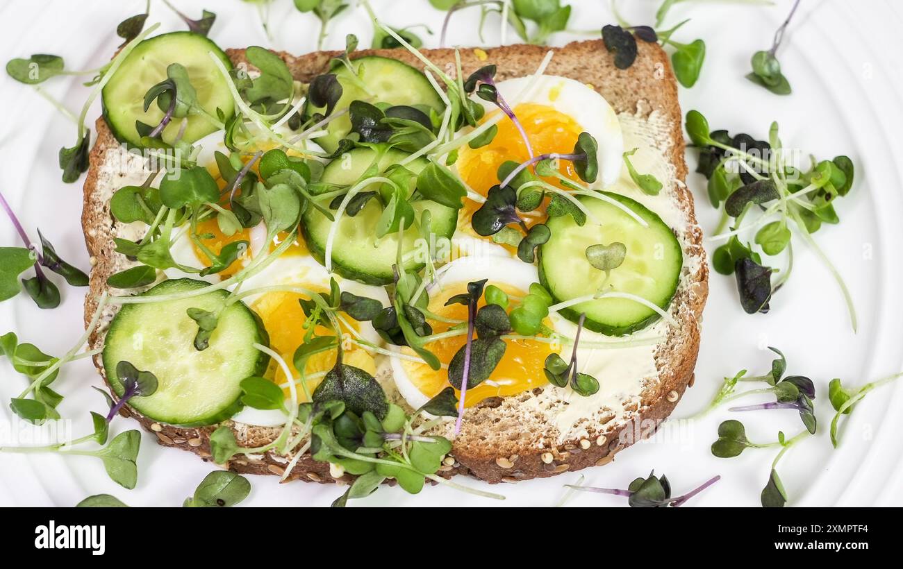 Ein köstliches Sandwich mit offenem Gesicht steht auf einem weißen Teller und zeigt Schichten von hart gekochten Eiern, erfrischenden Gurken und lebendigem Mikrogrün Stockfoto