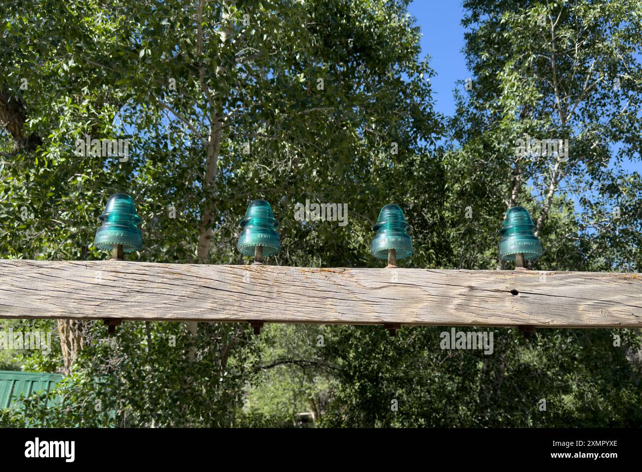 Elektrische Isolatoren aus Glas auf einem Holzbalken auf der Nine Mile Ranch im Nine Mile Canyon in Utah. Stockfoto