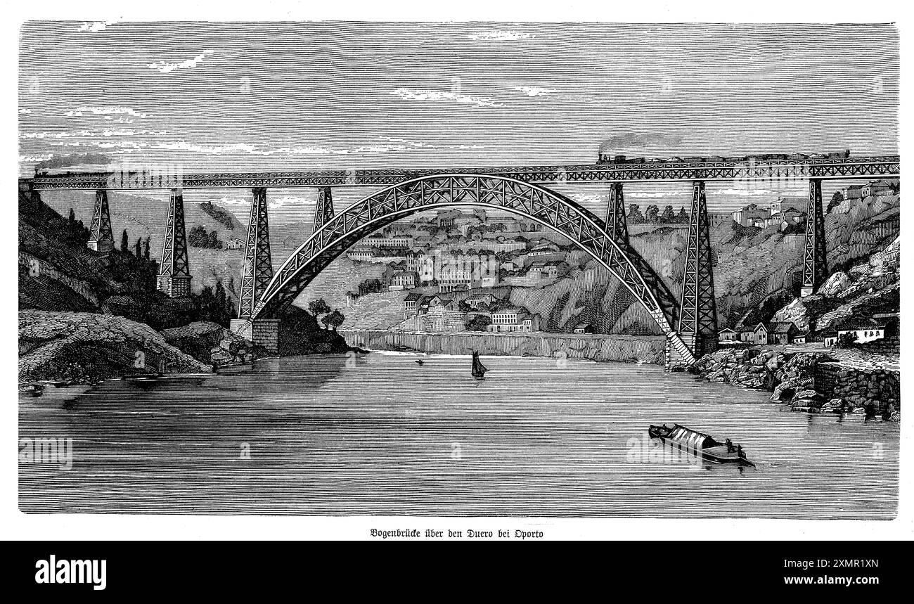 Diese Gravur zeigt die Bogenbrücke über den Fluss Douro bei Porto, einem architektonischen Juwel des 19. Jahrhunderts. Sie wurde 1886 fertiggestellt und von Téophile Seyrig, einem Schüler von Gustave Eiffel, entworfen Luís. Die zweistöckige eiserne Bogenbrücke überspannt elegant den Fluss und verbindet die Städte Porto und Vila Nova de Gaia. Das Kunstwerk fängt die majestätischen Bögen und die komplizierten Eisenwerke der Brücke vor dem malerischen Hintergrund der steilen Ufer und historischen Gebäude des Douro ein. Dieses Stück unterstreicht die Mischung aus funktionaler Technik und ästhetischer Schönheit, Stockfoto