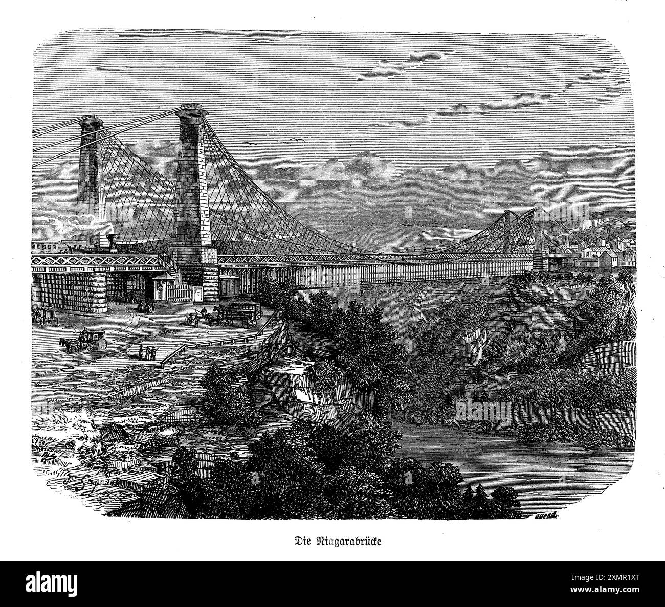 Diese Gravur fängt die majestätische Niagara Falls Suspension Bridge ein, die von 1855 bis 1897 den Niagara River zwischen den USA und Kanada überspannte. Dieses von John A. Roebling entworfene Ingenieurdenkmal war die erste funktionierende Eisenbahnfederbrücke, die sowohl den Eisenbahn- als auch den Fußgängerverkehr unterstützte. Das Kunstwerk zeigt die elegante, aber robuste Doppeldeckerstruktur mit seinen hoch aufragenden Steinpfeilern und anmutigen Hängeseilen. Vor der dramatischen Kulisse der Wasserfälle symbolisiert die Brücke den Pioniergeist und die technologischen Fortschritte der Epoche Stockfoto