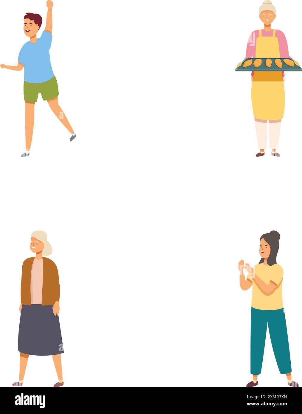 Sammlung von vier Illustrationen, die Personen darstellen, die in verschiedenen Handlungen mit fröhlichem Ausdruck tätig sind Stock Vektor