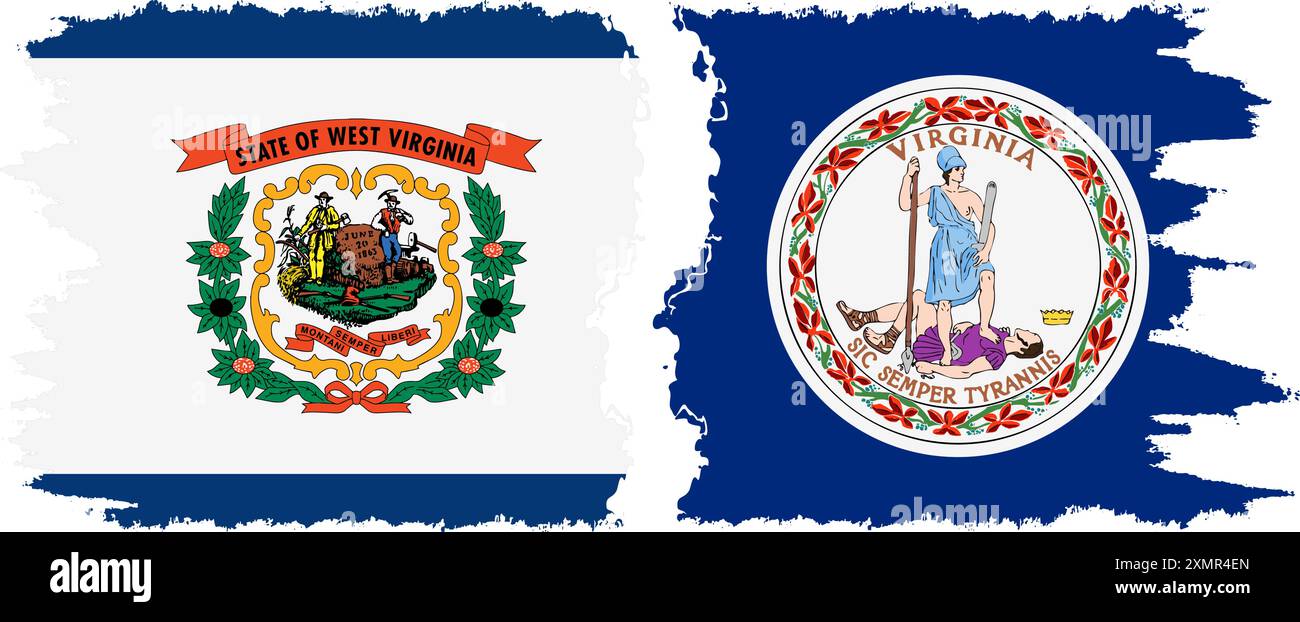 Virginia und West Virginia staaten Grunge Pinsel Flags Verbindung, Vektor Stock Vektor