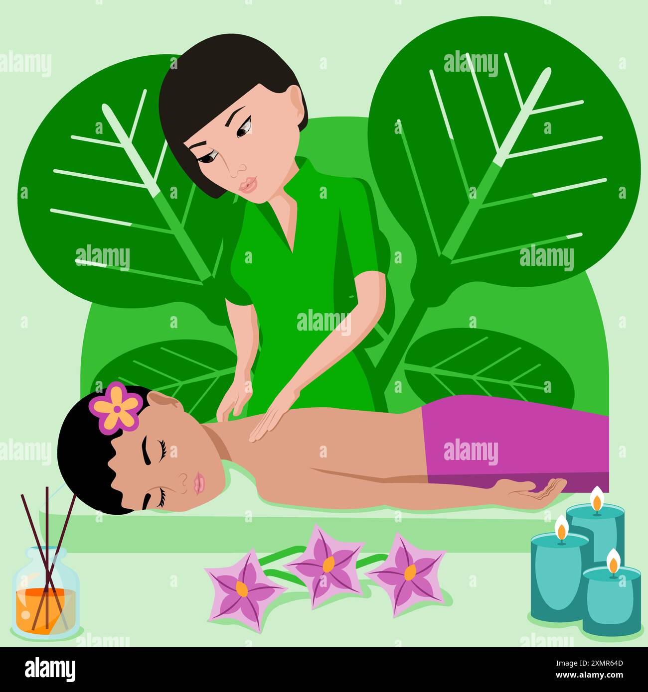 Schwedische Massage mit professionellen Massagetherapien im Spa. Asiatische und indische ethnische Zugehörigkeit. Abbildung isolierter flacher Vektor. Stock Vektor