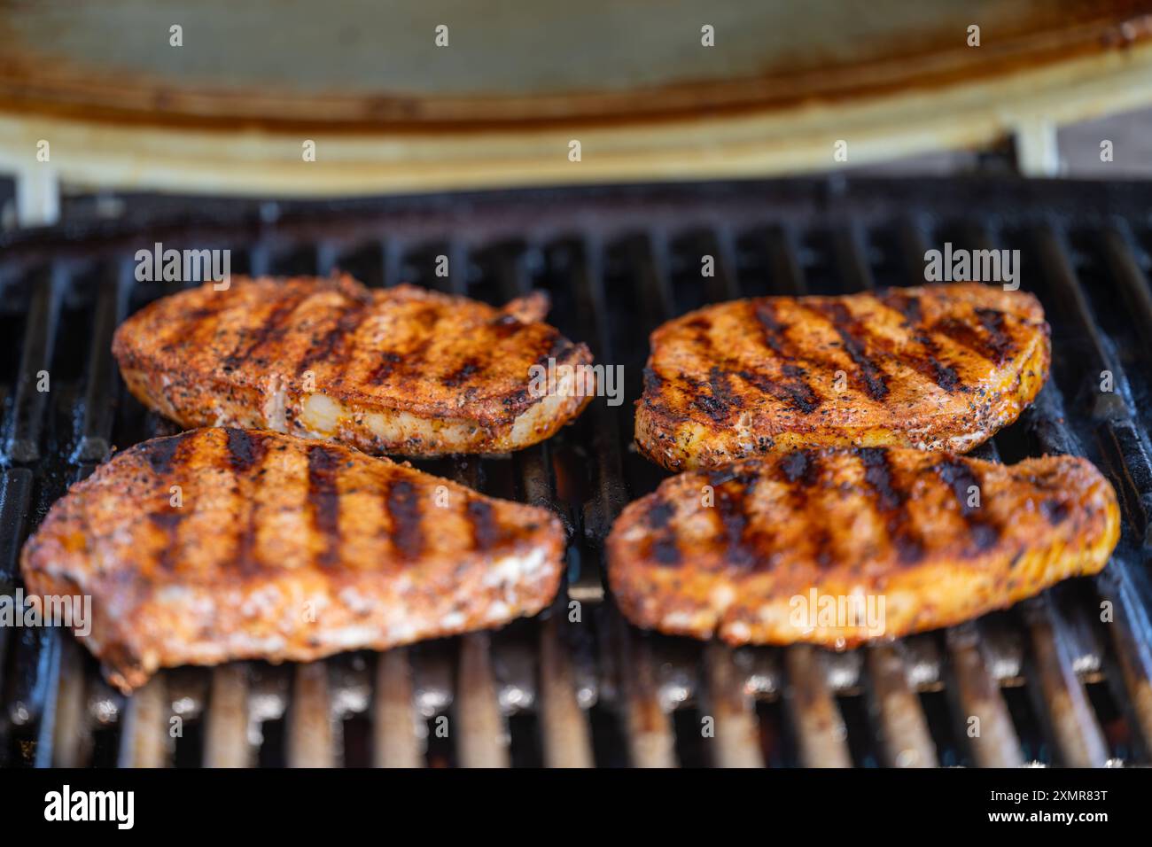 Gegrillte Schweinerückensteaks auf dem Grill , Deutschland, Rheinland-Pfalz, 29.07.2024, vier saftige Schweinerückensteaks, perfekt gewürzt und mit Grillstreifen, brutzeln auf einem Grillrost. Ideal für Sommergrillabende und BBQs. *** Gegrillte Schweinelendsteaks auf dem Grill, Deutschland, Rheinland-Pfalz, 29 07 2024, vier saftige Schweinelendsteaks, perfekt gewürzt und mit Grillstreifen, brutzelnd auf einem Grillregal ideal für Sommergrills und BBQs Stockfoto