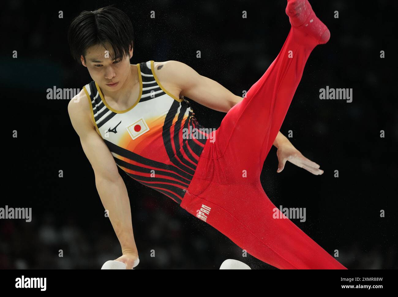 Paris, Frankreich. Juli 2024. Kazuma Kaya aus Japan tritt am Montag, den 29. Juli 2024, bei den Olympischen Sommerspielen in Paris, Frankreich, auf dem Prallpferd auf. Foto: Pat Benic/UPI Credit: UPI/Alamy Live News Stockfoto