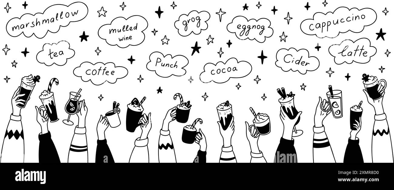 Weihnachtsmarkt-Doodle-Banner. Benannte heiße Wintergetränke. Neujahrsfeier. Skizzenhafte Hände hoch mit verschiedenen Getränken. Eine Menge Leute, die Spaß haben. Kakao, Stock Vektor
