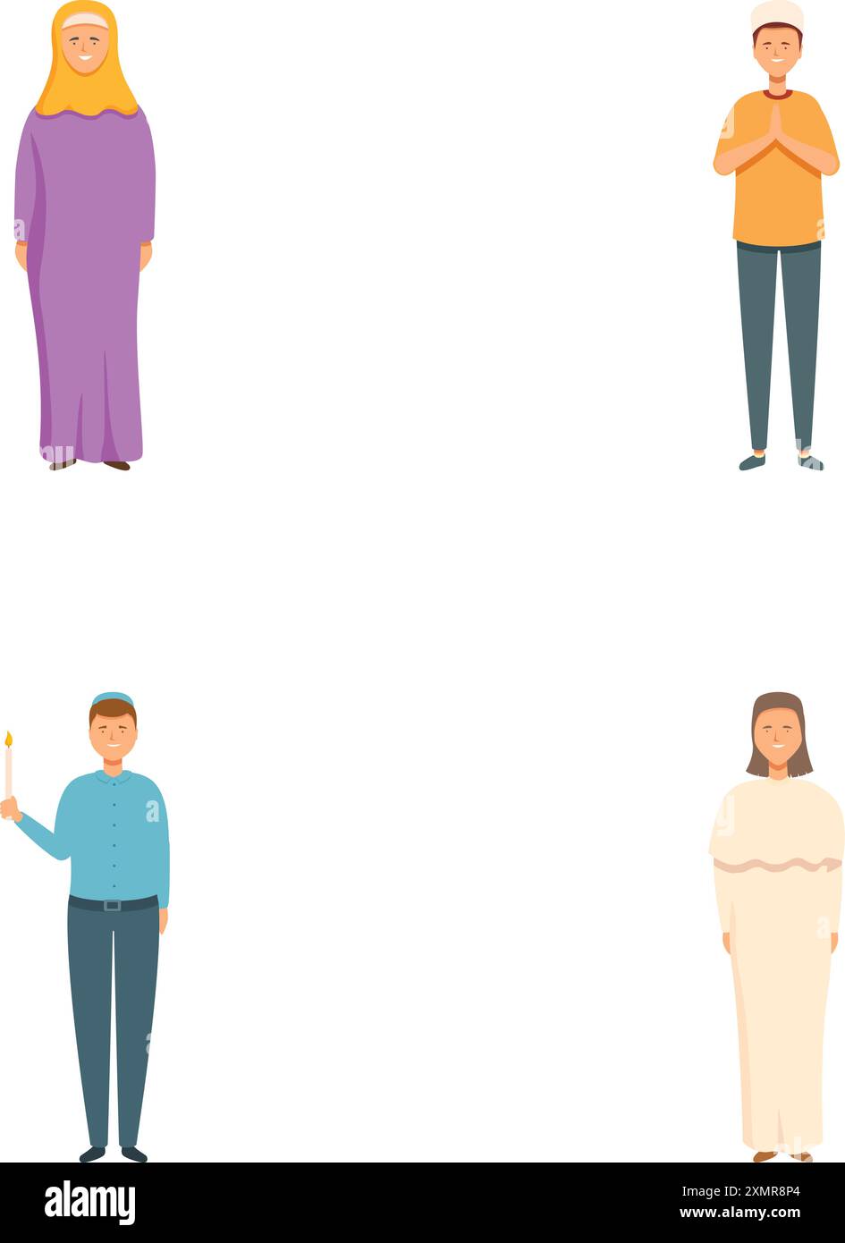 Illustrationsset von vier verschiedenen Zeichentrickfiguren, die isoliert auf weißem Hintergrund stehen Stock Vektor