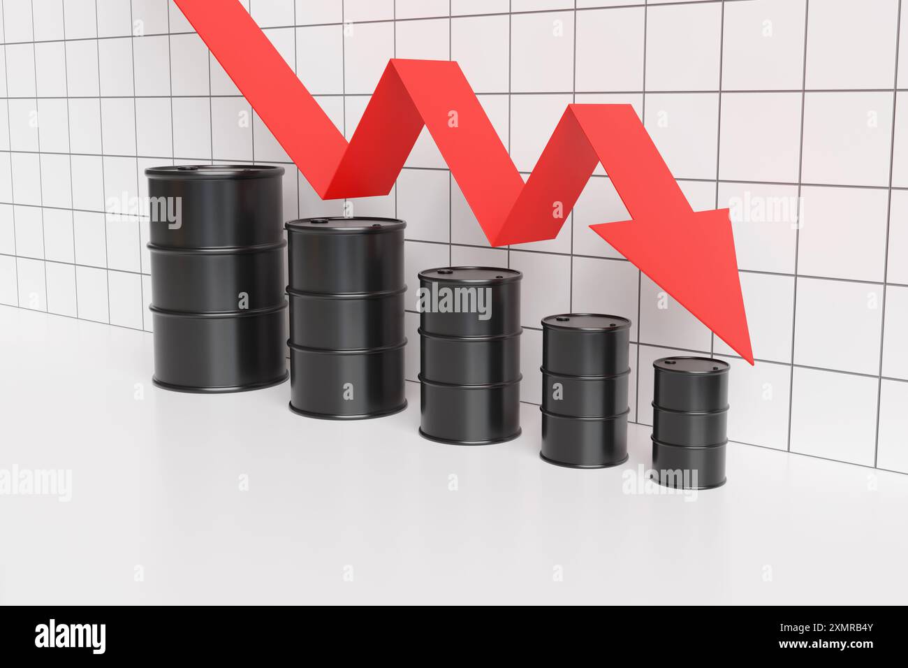 Roter Pfeil, der nach unten in schwarzen Metallölfässern springt, die in absteigender Reihenfolge vor quadratischen weißen Fliesen angeordnet sind. Sinkende Rohölpreise Stockfoto