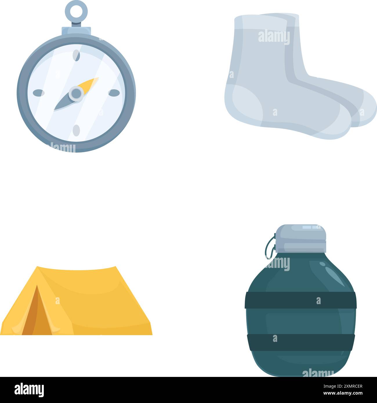 Unverzichtbare Campingsymbole für Outdoor-Abenteuer, mit Kompass, Socken, Zelt, Wasserflasche, und vieles mehr im flachen Design-Vektor. Perfekt für Wanderungen, Reisen und Überlebensprojekte Stock Vektor
