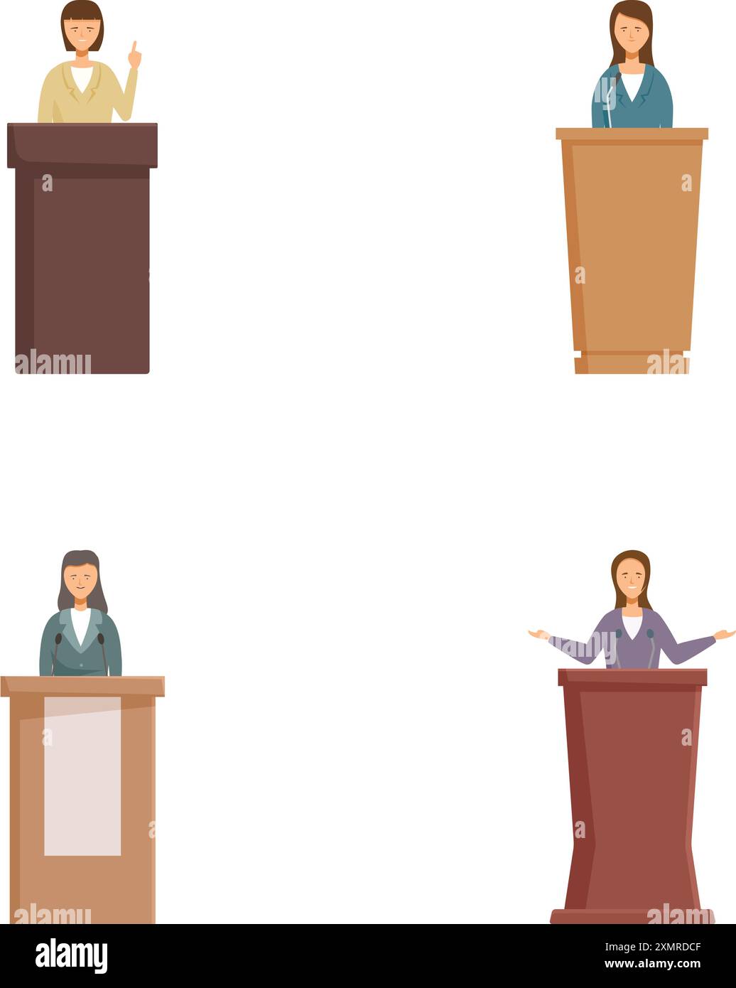 Set aus vier verschiedenen Geschäftsfiguren, die von Podesten in flachem Design präsentiert werden Stock Vektor