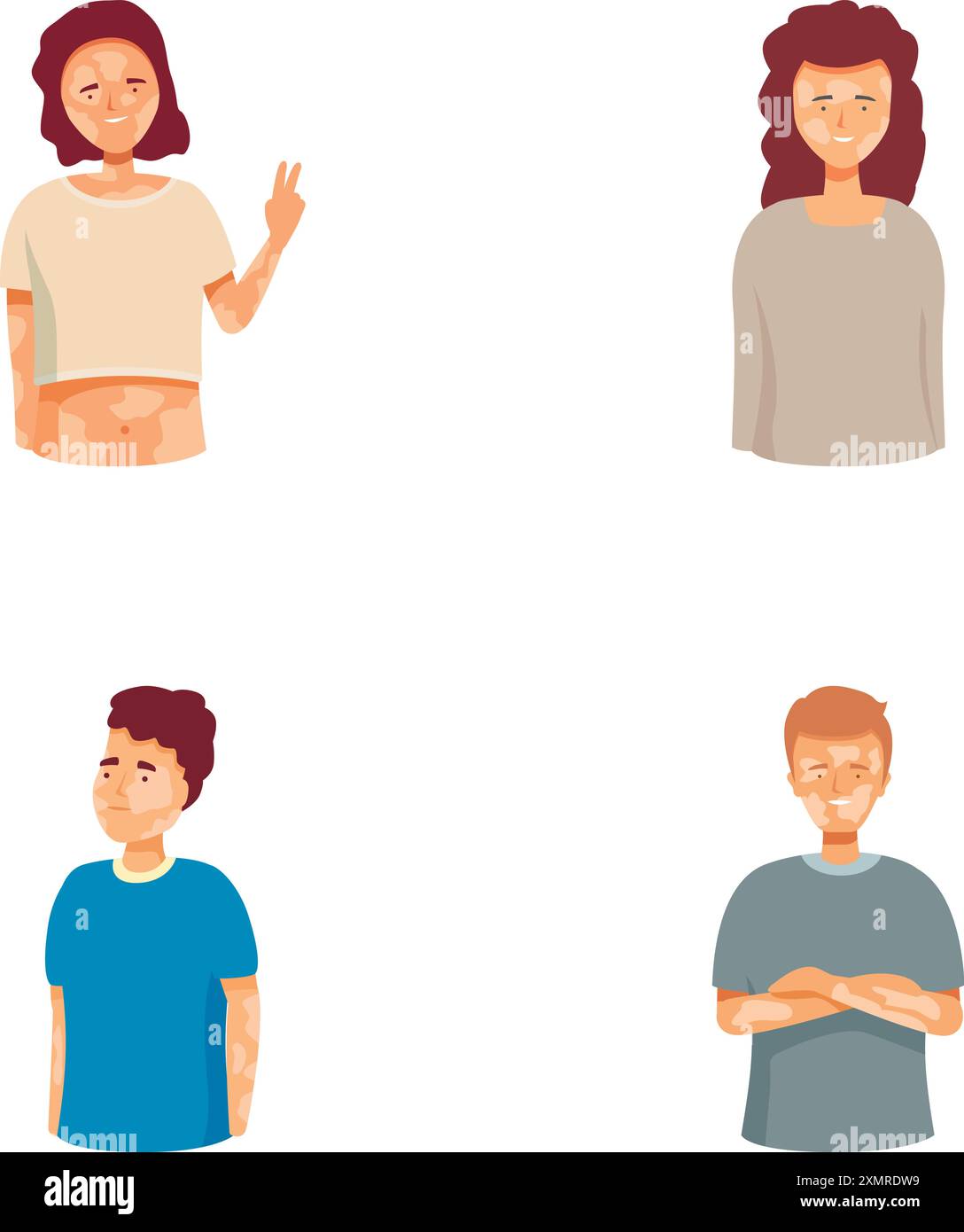 Sammlung von vier Zeichentrickfiguren mit verschiedenen Ausdrücken und Gesten, isoliert auf weiß Stock Vektor