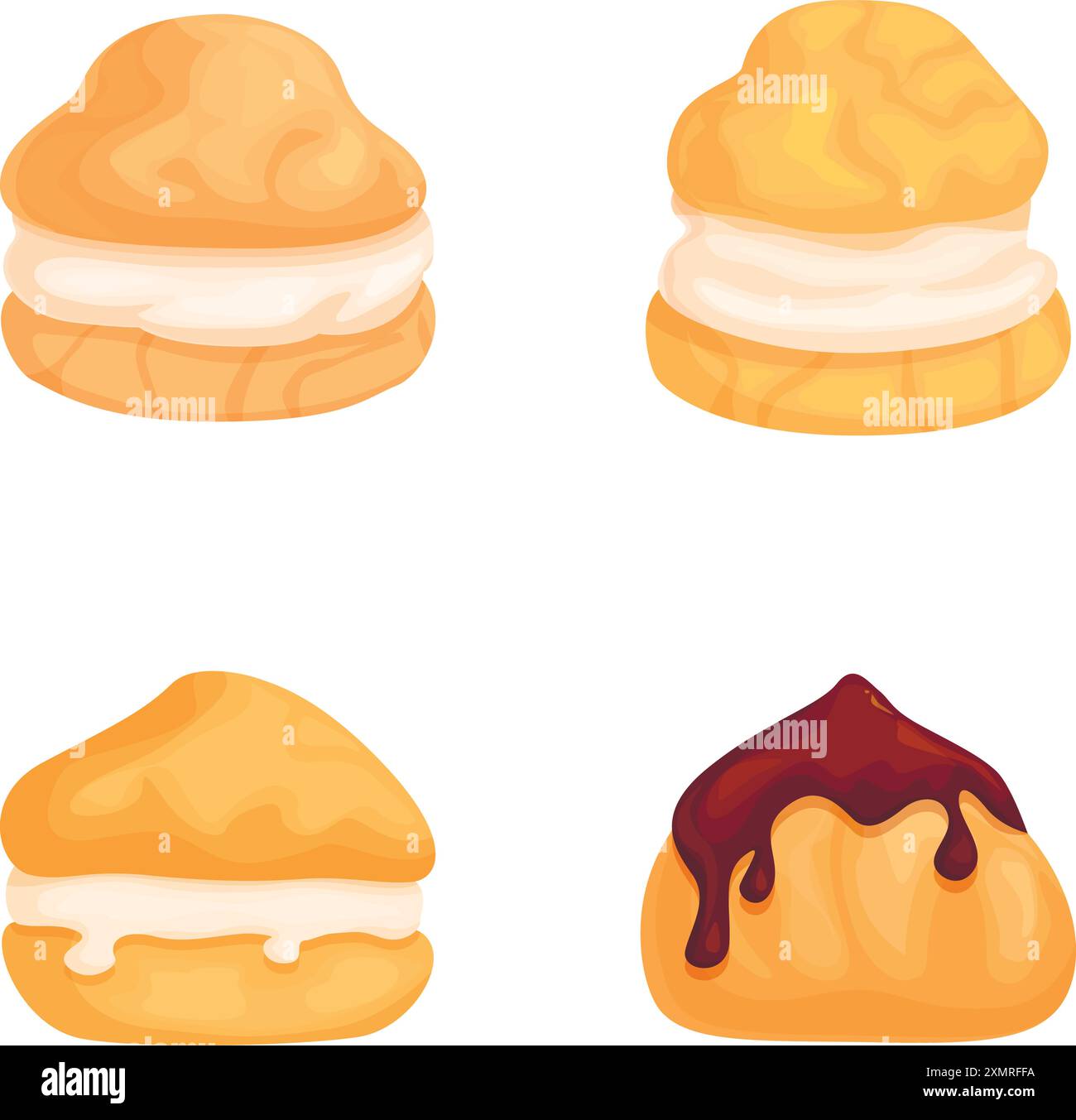 Verschiedene Creme Puffs Kollektion mit köstlichen Füllungen, Schokoladensoße und Vanilleaufstrich auf einer hochauflösenden digitalen Vektor-Illustration, isoliert auf einem bunten, detaillierten Hintergrund Stock Vektor