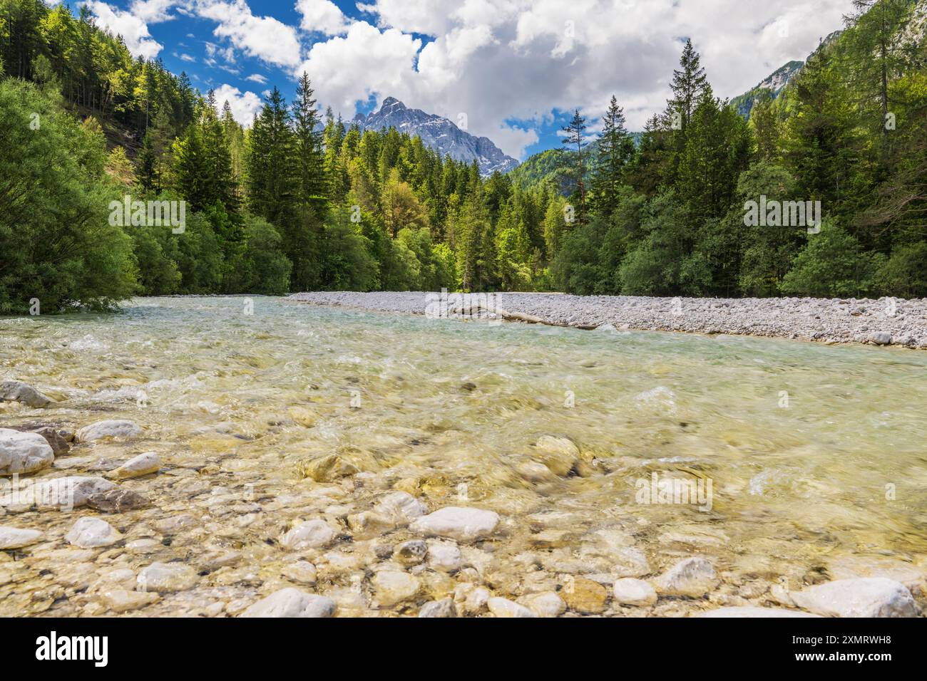 Der Fluss Soca fließt durch den üppigen Wald, umgeben von den majestätischen Bergen Sloweniens Stockfoto