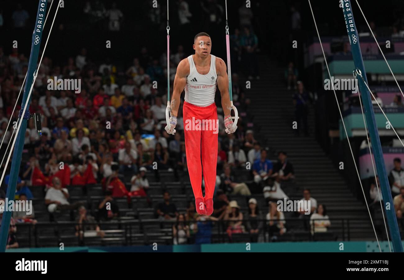 Paris, Frankreich. Juli 2024. Joe Fraser (Großbritannien) tritt an, während die Rote Karte in der Bercy Arena, Paris, Frankreich, antritt. Quelle: Ulrik Pedersen/Alamy Stockfoto