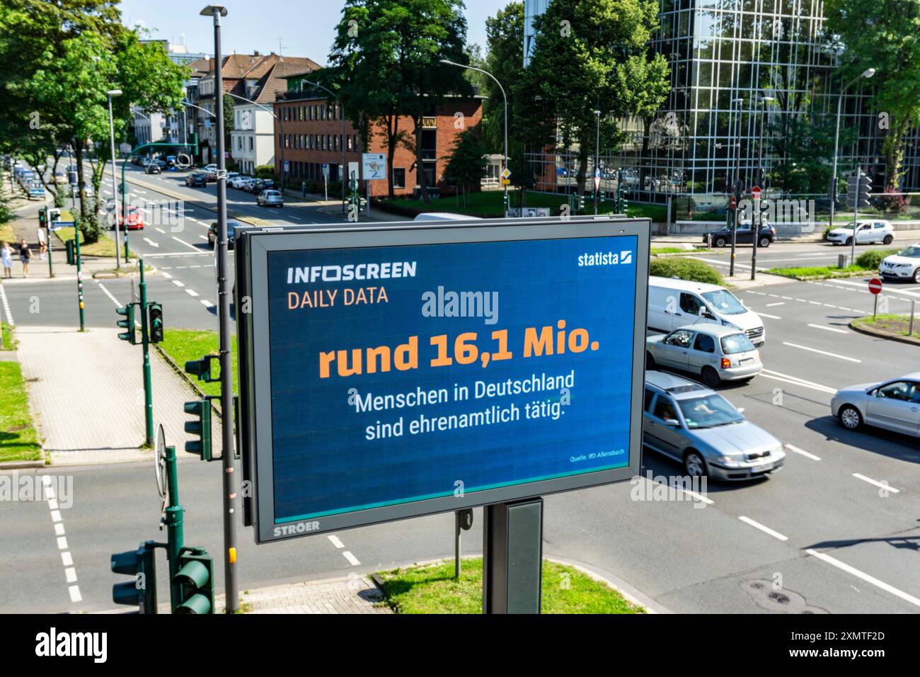 Digitale Werbetafel, von Ströer, an der Kreuzung, Martinstraße, Alfredstraße, B224, in Essen, Statistical Information on Volunteering, NRW, Deutschland, Stockfoto