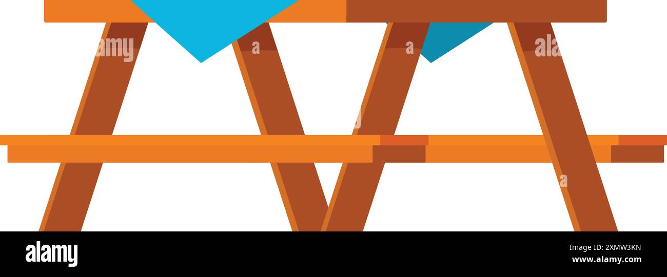 Einfacher Picknicktisch aus Holz mit blauer Tischdecke für Entspannung, Essen und Freizeit im Freien Stock Vektor