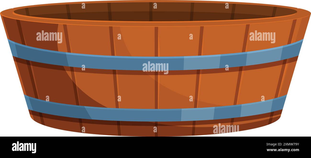 Leere Holzwanne aus braunen Dielen, verstärkt mit Metallringen Stock Vektor