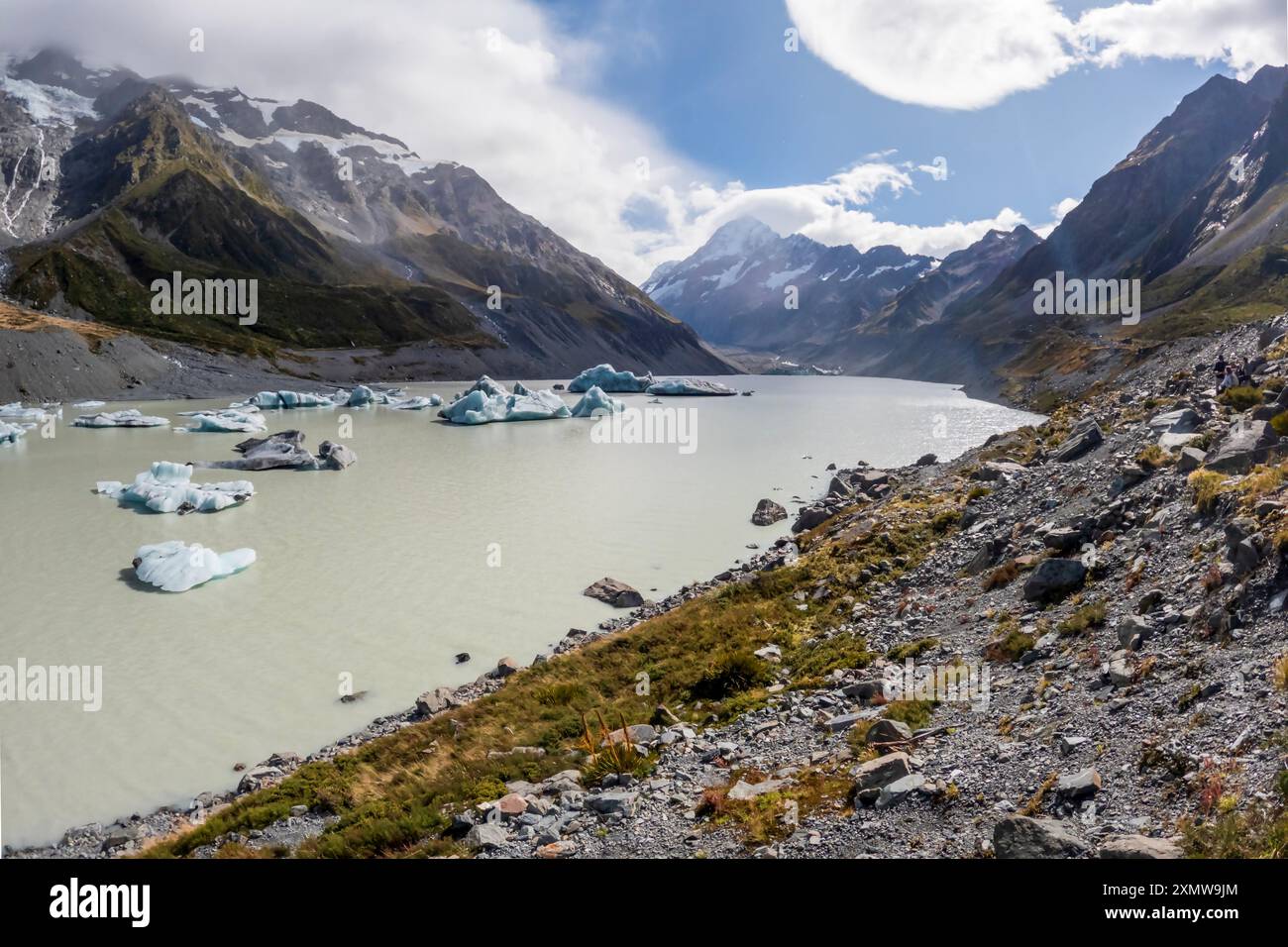 Atemberaubende Ausblicke auf die südlichen Alpen, einschließlich Aoraki Mount Cook, Neuseelands höchstem Gipfel, Hooker Valley Track, Neuseeland Stockfoto