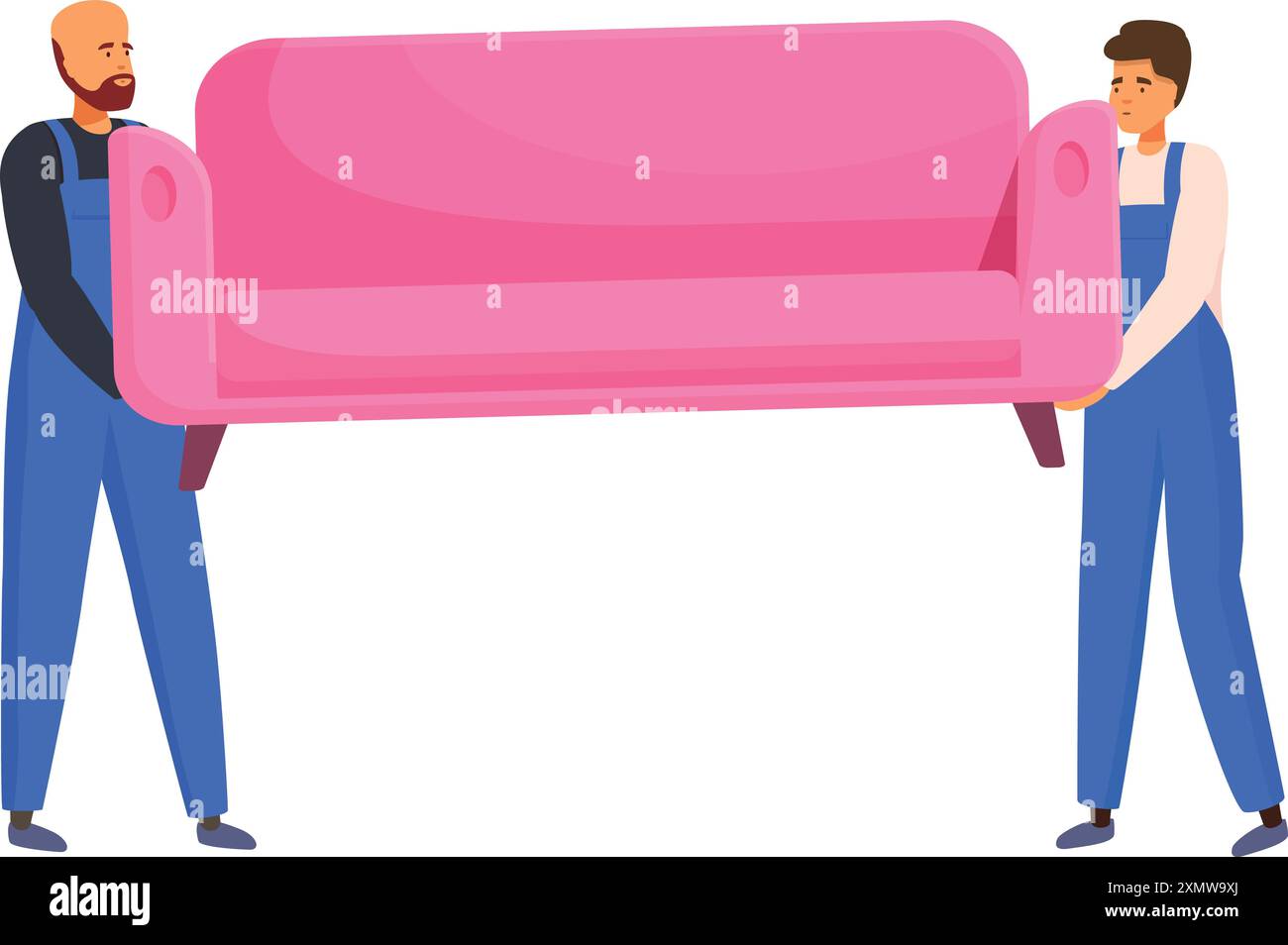 Zwei Umzugswagen mit rosa Sofa, Lieferservice und Umzugskonzept Stock Vektor