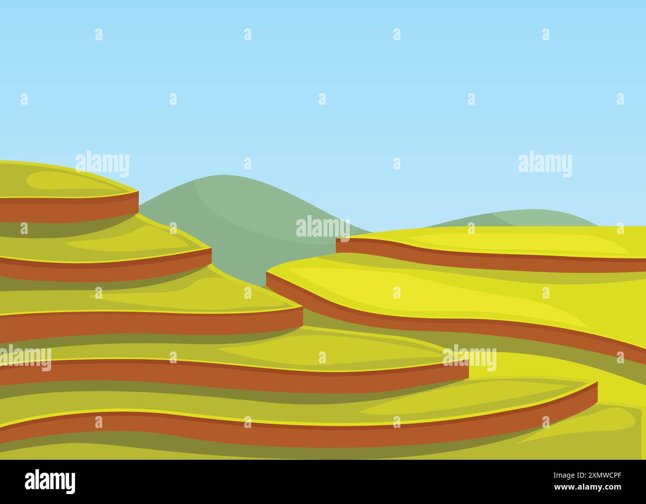 Grüne Landwirtschaftsterrassen mit Berghängen unter blauem Himmel, traditionelle Landwirtschaft in asien Stock Vektor