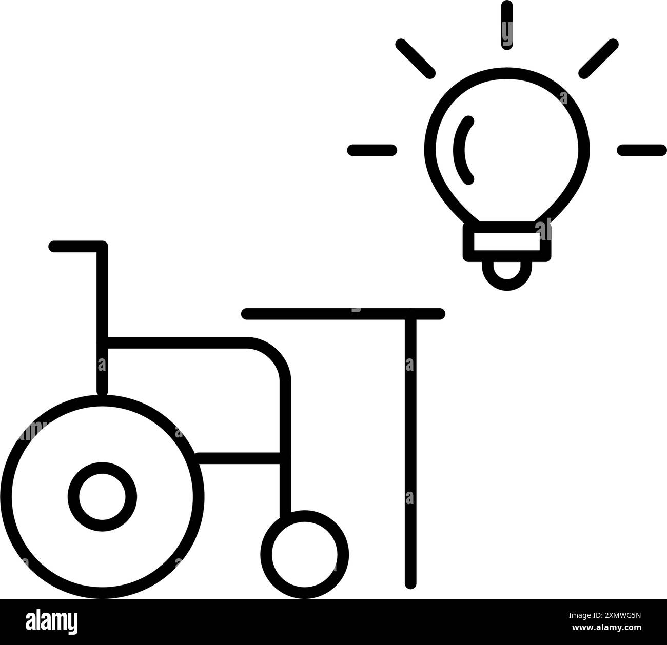 Rollstuhl, Schreibtisch und Glühbirne. Innovation in den Bereichen Inklusion und Karrieremöglichkeiten für behinderte Menschen. Pixel Perfect Vektor-Symbol Stock Vektor