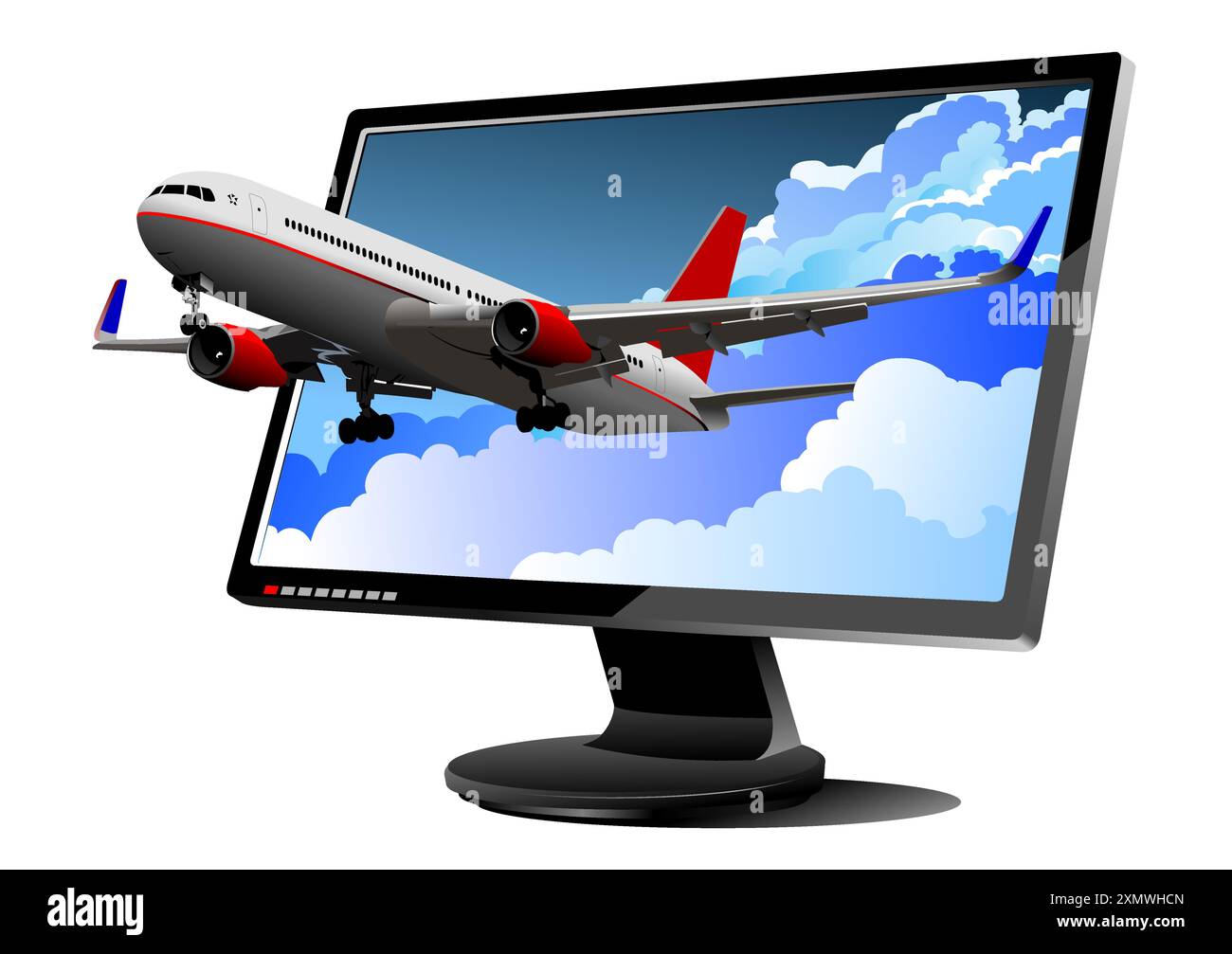 Flacher Computermonitor mit Passagierflugzeug. Anzeigen. 3d-Illustration Stock Vektor