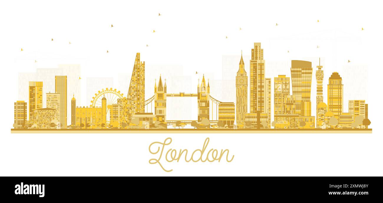 Silhouette der London England City Skyline mit goldenen Gebäuden isoliert auf weißem Hintergrund. Vektorabbildung. Londoner Stadtlandschaft mit Wahrzeichen. Stock Vektor