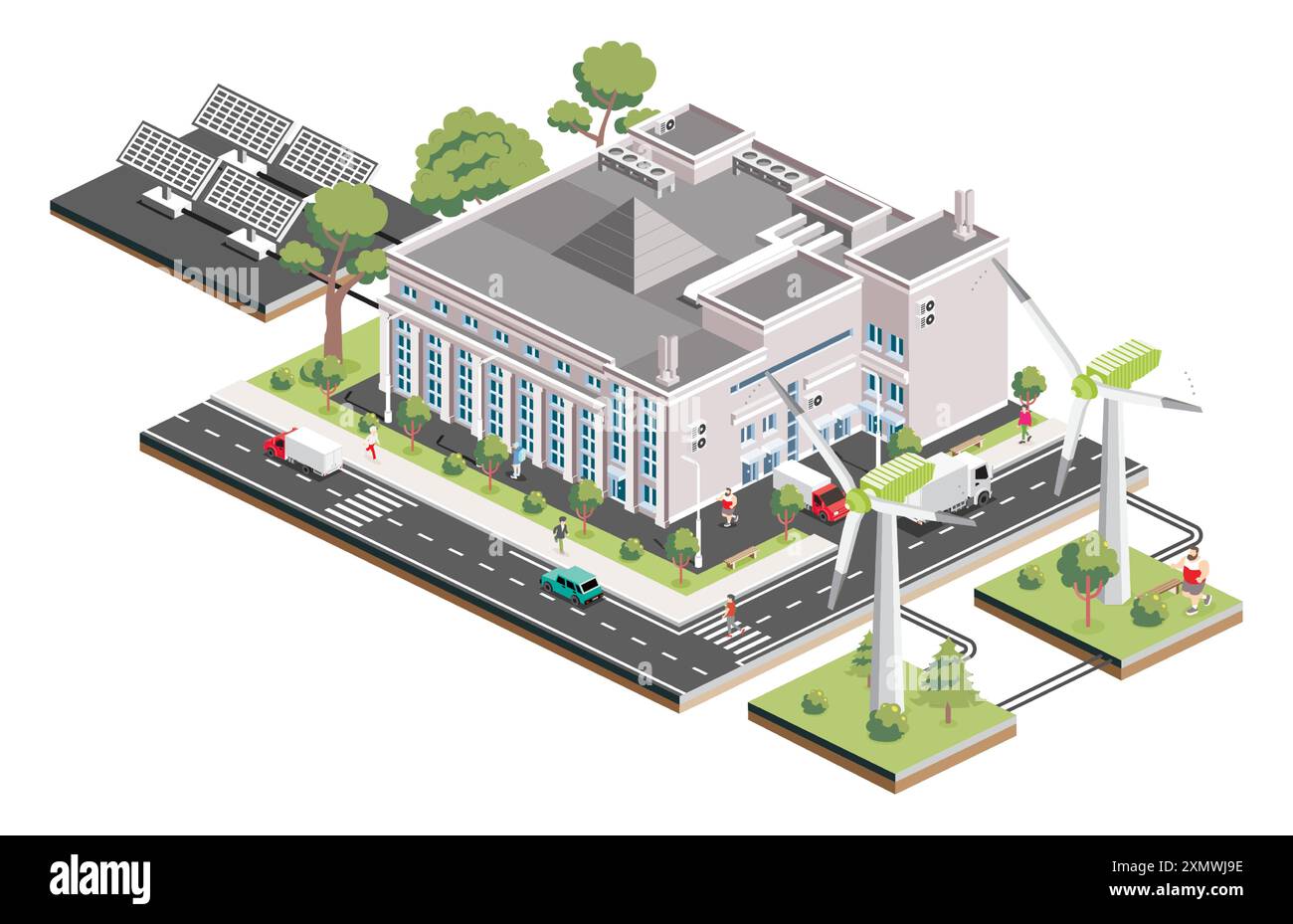 Isometrisches Einkaufszentrum mit Solarpaneelen und Windturbine. Infografik-Element. Supermarktgebäude. Vektorabbildung. Stock Vektor