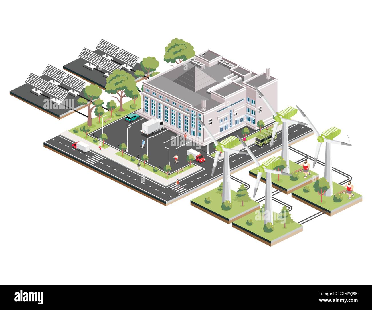 Isometrisches Einkaufszentrum mit Solarpaneelen und Windturbine. Infografik-Element. Supermarktgebäude. Vektorabbildung. Stock Vektor