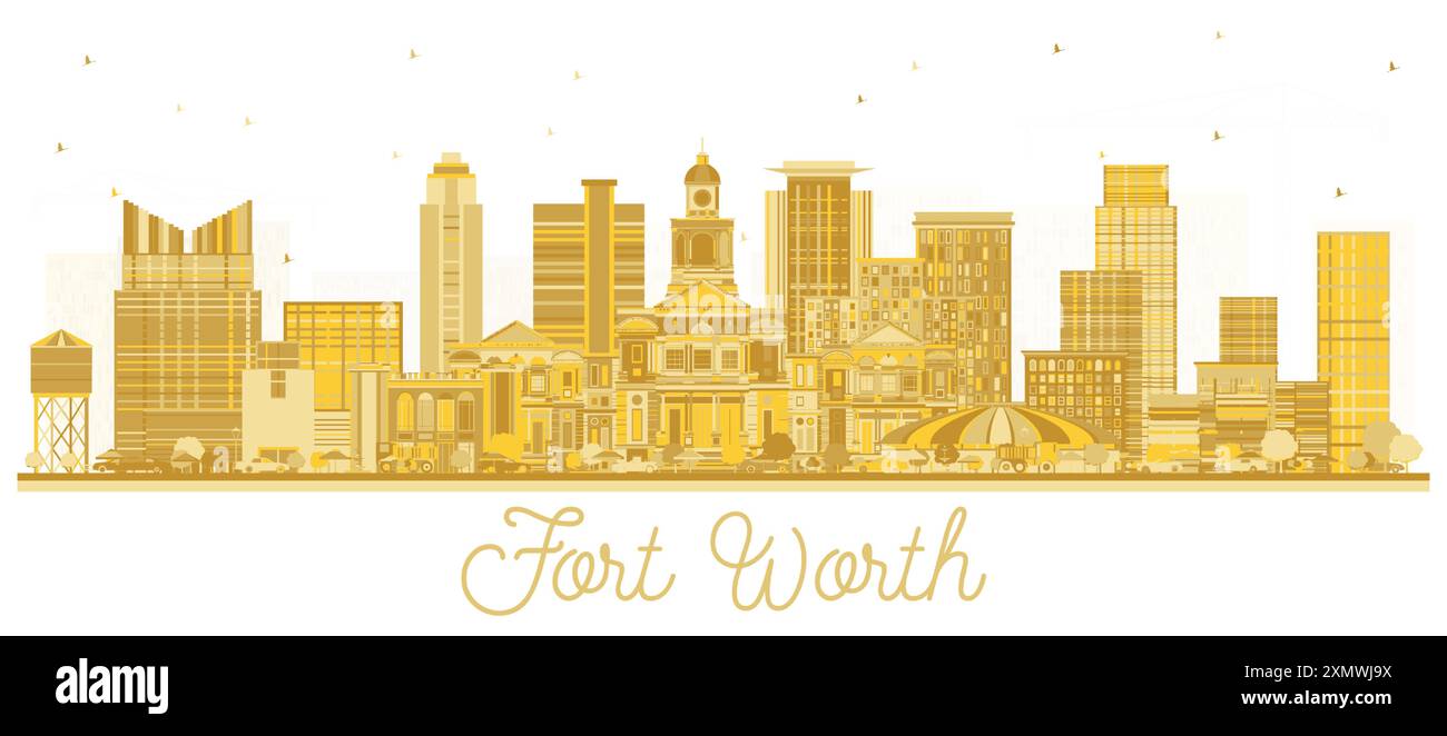 Die Silhouette der Skyline von Fort Worth USA City mit goldenen Gebäuden auf weiß. Vektorabbildung. Stock Vektor