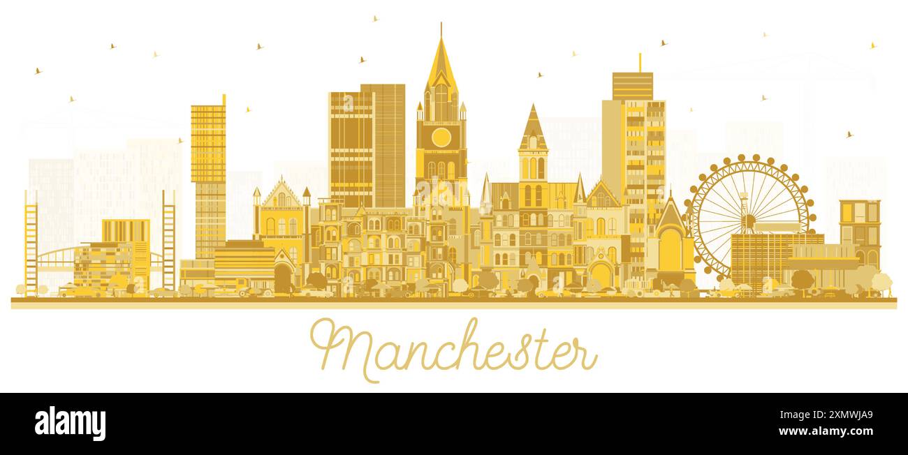 Silhouette der Skyline von Manchester mit goldenen Gebäuden, isoliert auf White. Vektorabbildung. Stock Vektor