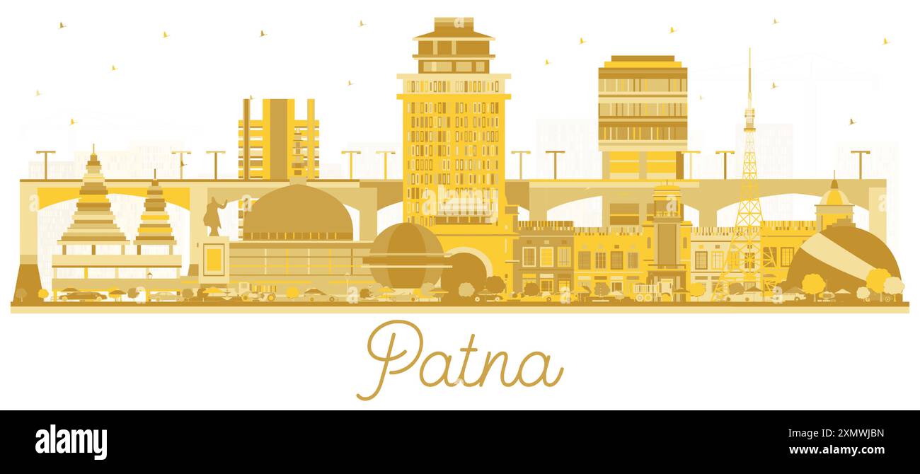 Die Skyline von Patna India City mit goldenen Gebäuden, die auf weiß isoliert sind. Vektorabbildung. Stock Vektor