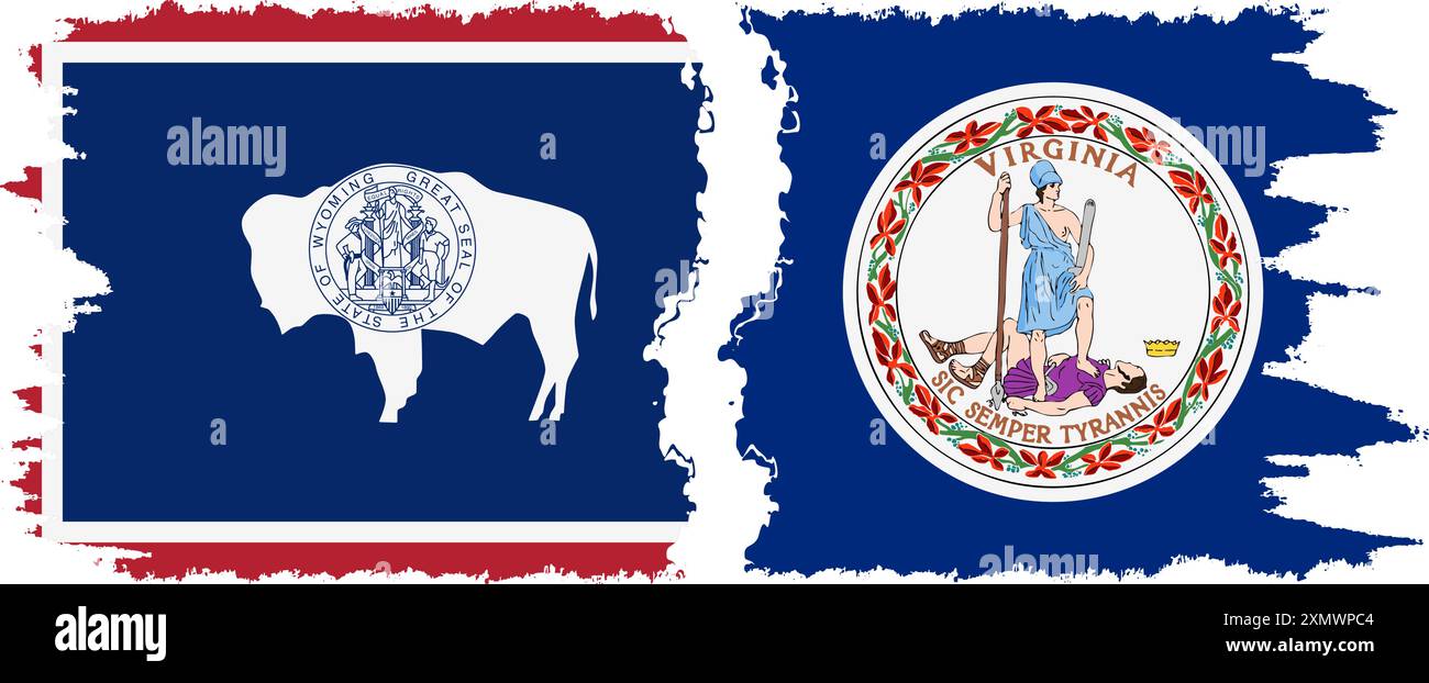 Virginia und Wyoming staaten Grunge Pinsel Flags Verbindung, Vektor Stock Vektor