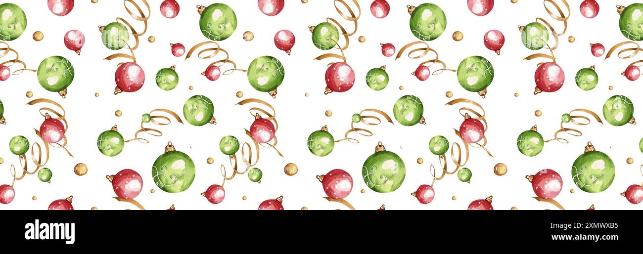 Nahtloses Muster zum Thema Weihnachten Neujahr. Weihnachtskugeln Grün und Rot, Goldgirlanden, Perlen. Auf Weißem Hintergrund. Aquarellabbildung. Für W Stockfoto