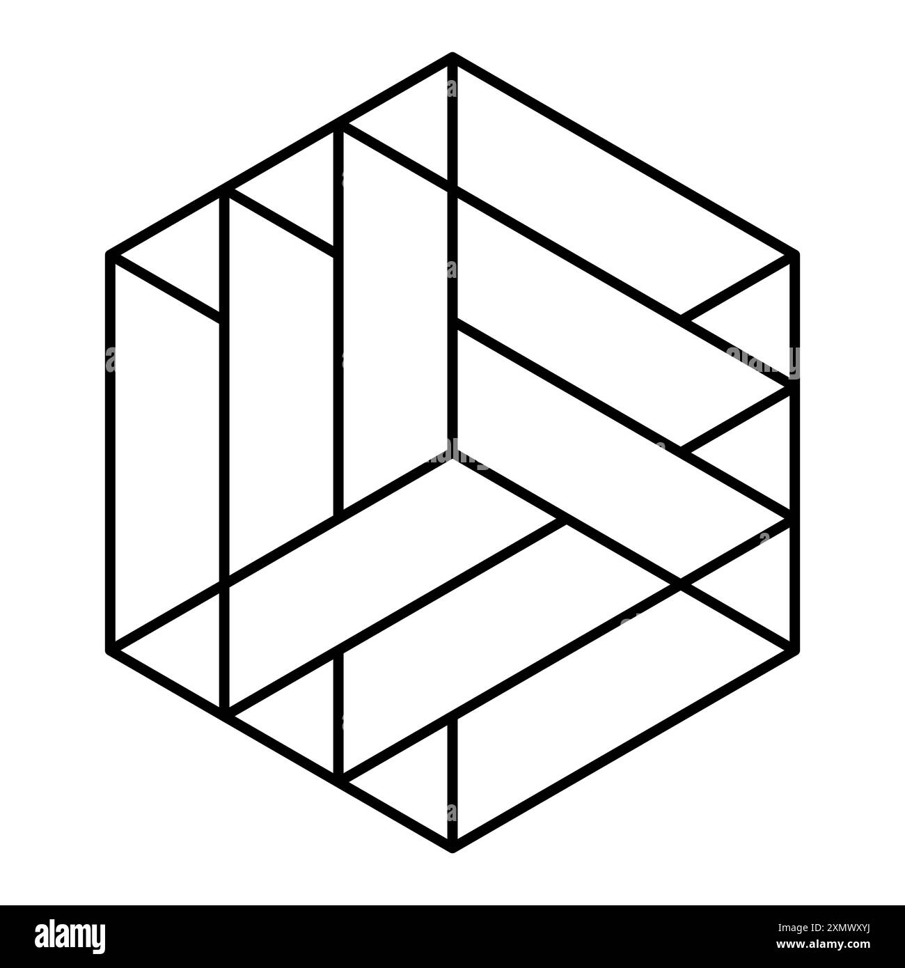 Hexagon mit optischer Illusion eines Würfels. Geometrische Figuren in einem Sechseck, die eine geometrische Figur mit der optischen Illusion eines Würfels bilden. Stockfoto
