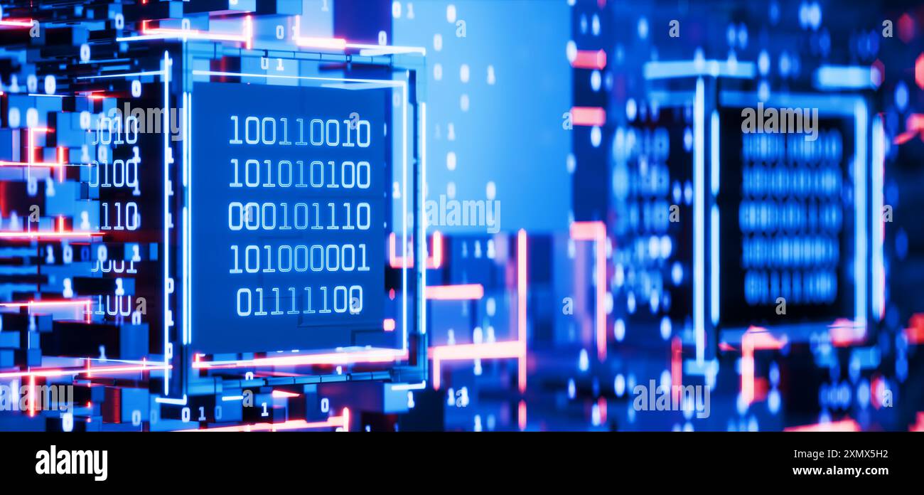 Hackerangriff. Computercode. Blockchain. Künstliche Intelligenz. Big Data. Datenblock. Cube mit Binärcode. Abstrakter technischer Hintergrund. Binär Stockfoto