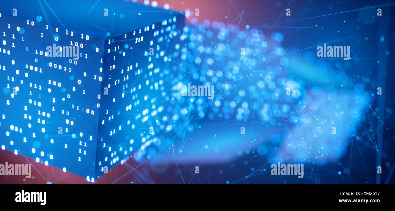 Abstrakter technischer Hintergrund. Big Data. Binärcode. Hackerangriff. Blockchain. Künstliche Intelligenz. Datenblock. Cube mit Binärcode. Computer Stockfoto